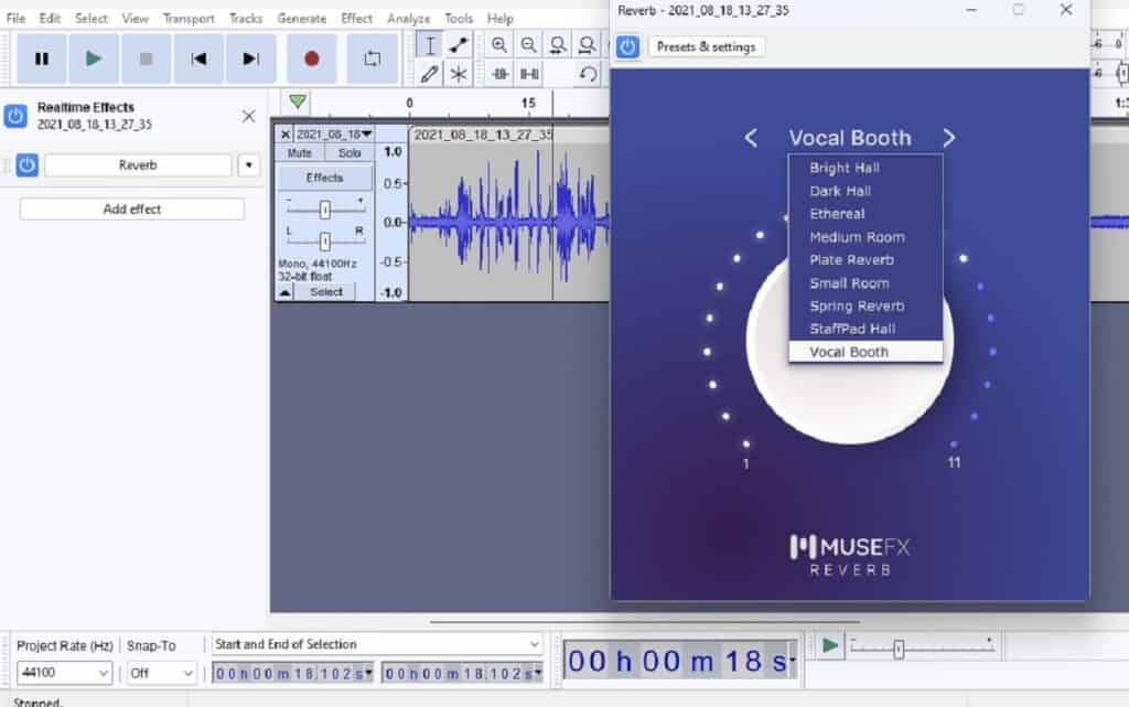 Audacity Realtime Effects - Reverb Added